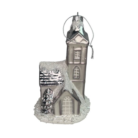 Silver Church Christmas Blown Glass Ornament With Glitter Snow Accents - Picture 2 of 8